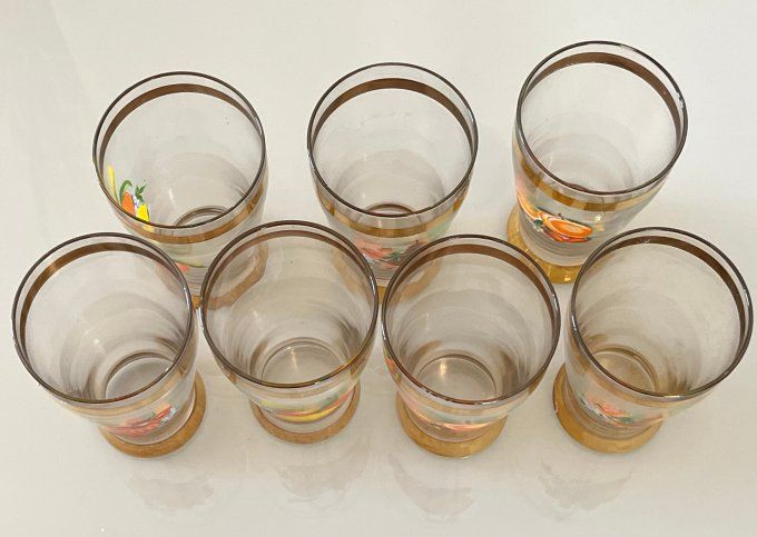 Série de 7 verres coniques en cristal - Décor Fruits & Dorures - Vintage 1950/60