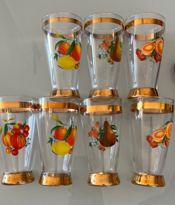 Série de 7 verres coniques en cristal - Décor Fruits & Dorures - Vintage 1950/60