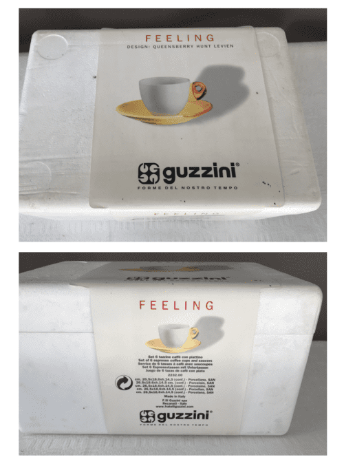 Service à café neuf, 6 tasses et sous tasses, Guzzini, modèle Feeling, Vintage