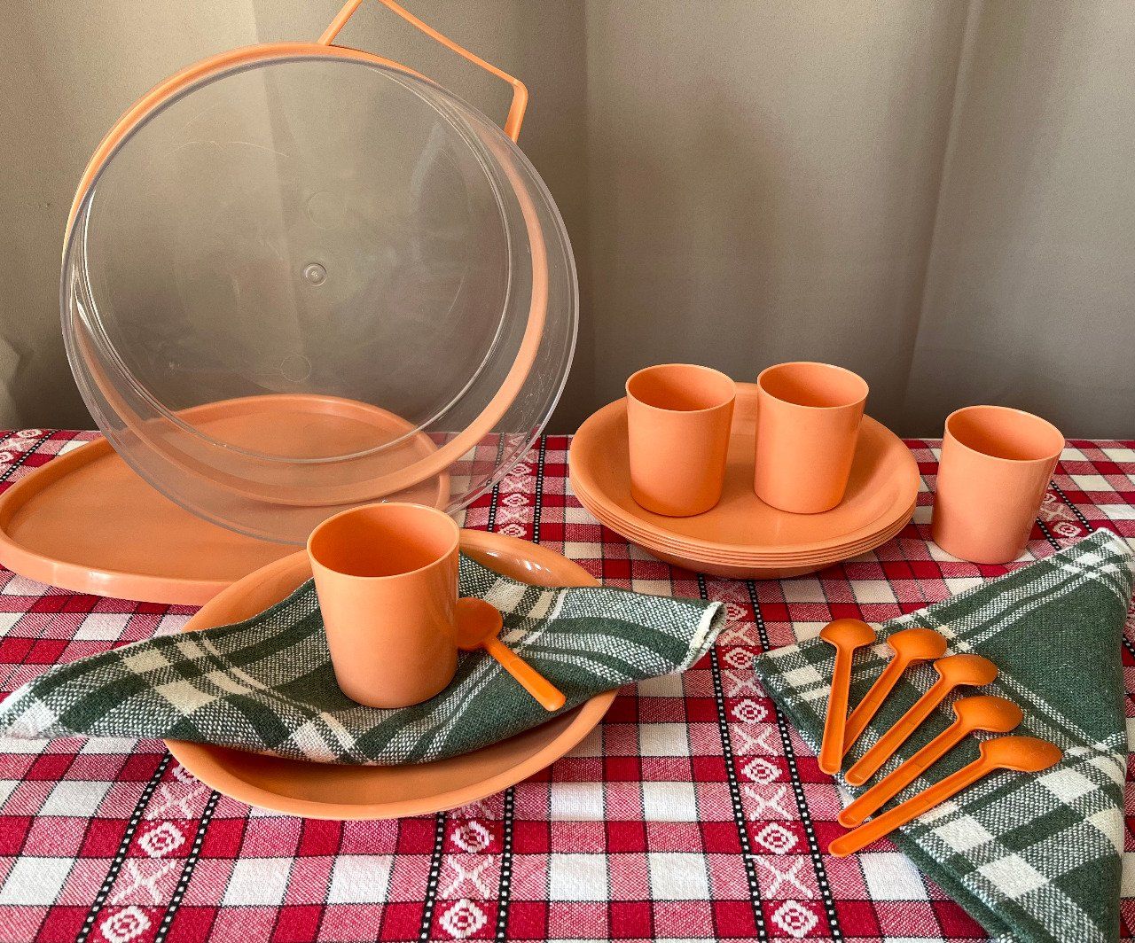 Service à pique-nique vintage 4/6 personnes plastique orange avec boîte de transport