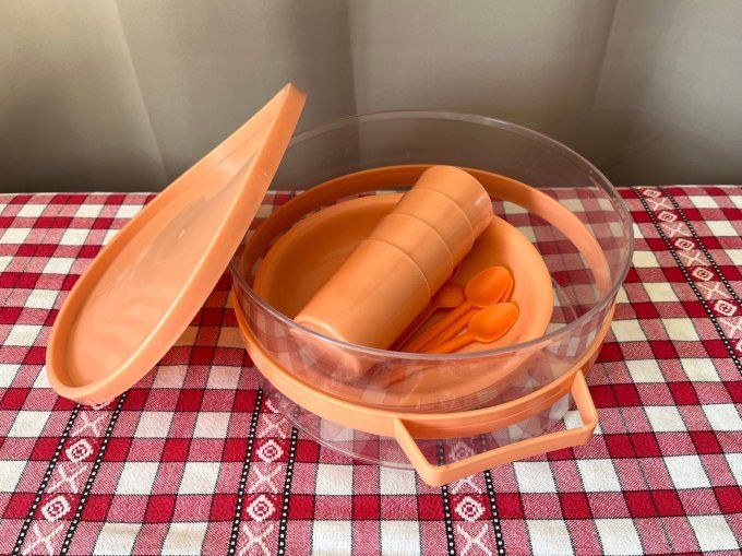 Service à pique-nique vintage 6 personnes plastique orange avec boîte de transport