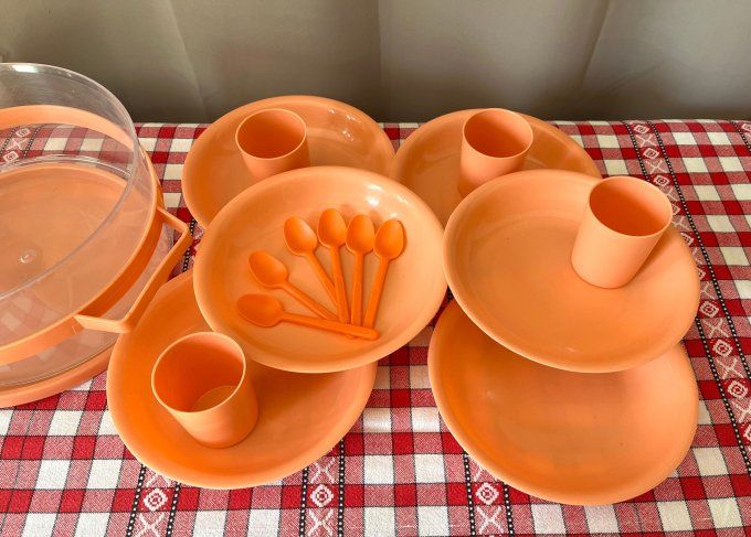 Service à pique-nique vintage 6 personnes plastique orange avec boîte de transport