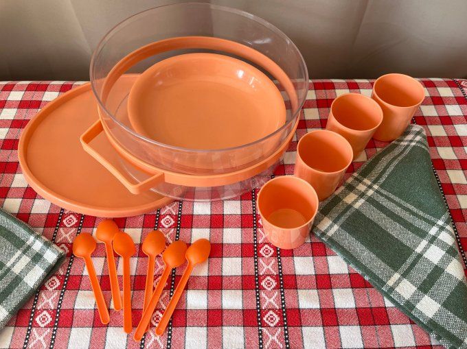 Service à pique-nique vintage 6 personnes plastique orange avec boîte de transport