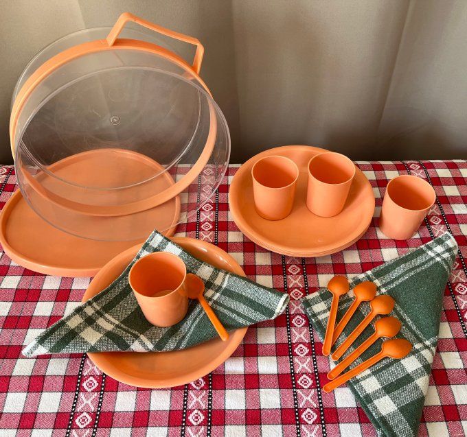 Service à pique-nique vintage 6 personnes plastique orange avec boîte de transport