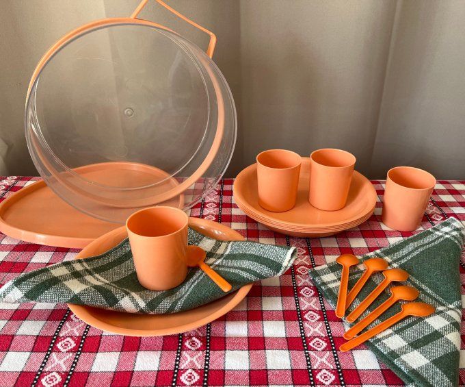 Service à pique-nique vintage 6 personnes plastique orange avec boîte de transport