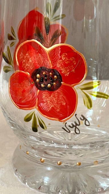 Service apéritif vintage 6 verres et 1 godet en verre peint main, motifs coquelicots, signés Vyvy