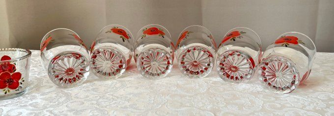 Service apéritif vintage 6 verres et 1 godet en verre peint main, motifs coquelicots, signés Vyvy