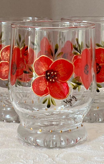 Service apéritif vintage 6 verres et 1 godet en verre peint main, motifs coquelicots, signés Vyvy