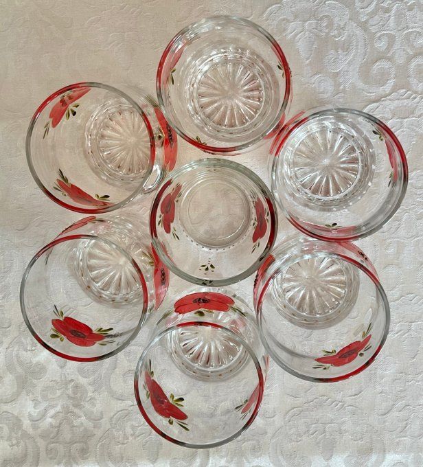 Service apéritif vintage 6 verres et 1 godet en verre peint main, motifs coquelicots, signés Vyvy
