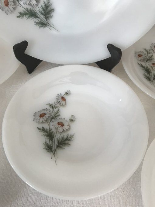 Service de table, 2 Plats, saladier et assiettes creuses, Arcopal, modèle marguerites, vintage