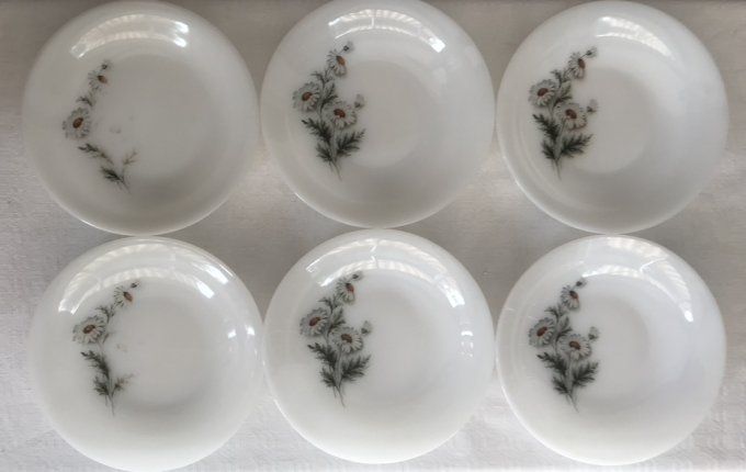 Service de table, 2 Plats, saladier et assiettes creuses, Arcopal, modèle marguerites, vintage