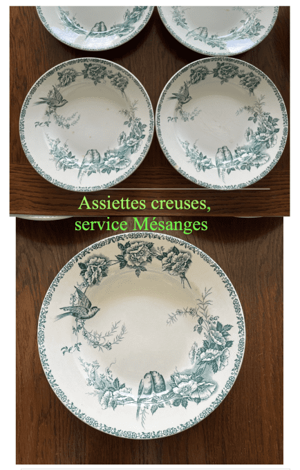 Service de table ancien en terre de fer Saint-Amand modèle Mésanges vert, 10 pièces