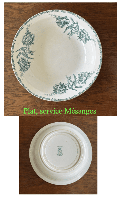 Service de table ancien en terre de fer Saint-Amand modèle Mésanges vert, 10 pièces