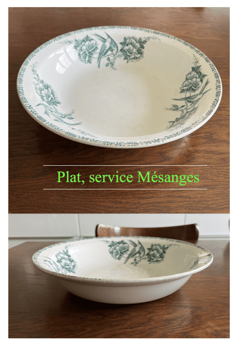 Service de table ancien en terre de fer Saint-Amand modèle Mésanges vert, 10 pièces
