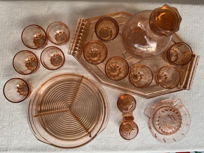 Service Rosaline, 16 pièces, carafe, verres, plat, plateau, ...  art déco, années 50