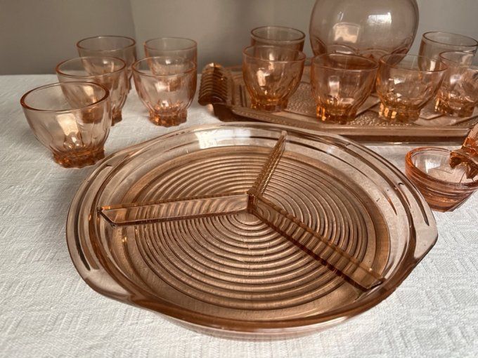 Service Rosaline, 16 pièces, carafe, verres, plat, plateau, ...  art déco, années 50