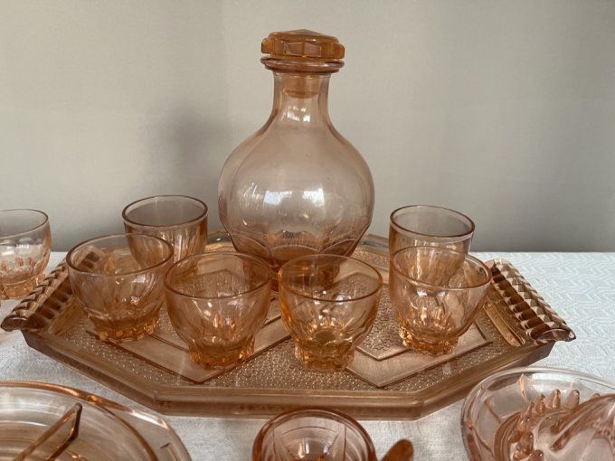 Service Rosaline, 16 pièces, carafe, verres, plat, plateau, ...  art déco, années 50