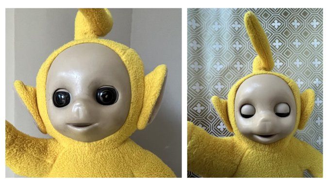 SOUVENIR ANNÉES 90 ! Grande Peluche Télétubbies Laa-Laa, yeux dormeurs, 37 cm