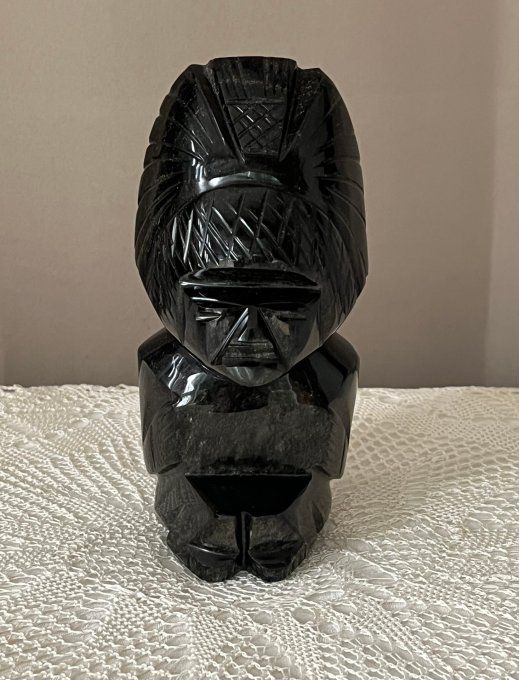 Statuette Gardien en Stéatite Noire & Reflets Argentés