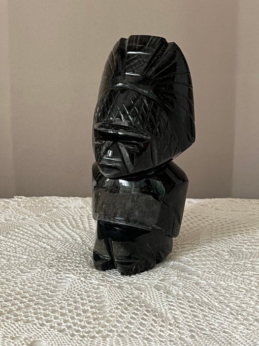 Statuette Gardien en Stéatite Noire & Reflets Argentés