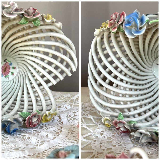 Superbe panier floral tressé style Capodimonte et 4 miniatures bouquets de fleurs