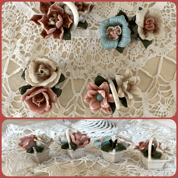 Superbe panier floral tressé style Capodimonte et 4 miniatures bouquets de fleurs