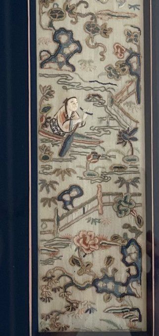Tableau ancien, panneau de broderie d'art asiatique, décoration murale