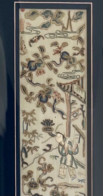 Tableau ancien, panneau de broderie d'art asiatique, décoration murale
