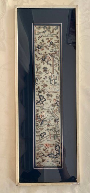 Tableau ancien, panneau de broderie d'art asiatique, décoration murale