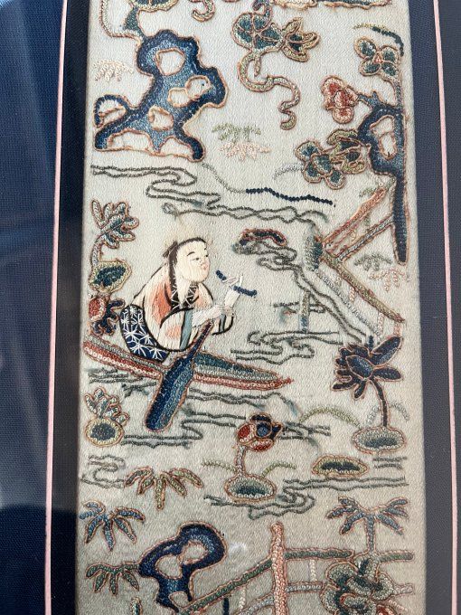 Tableau ancien, panneau de broderie d'art asiatique, décoration murale