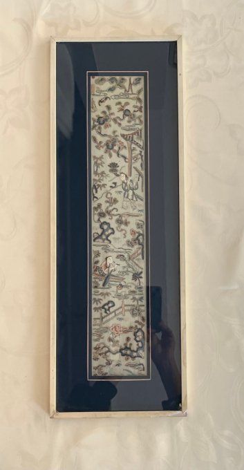Tableau ancien, panneau de broderie d'art asiatique, décoration murale
