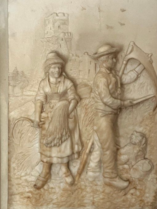 Tableau bas-relief vintage fontaine pétrifiante scène champêtre avec son cadre bois