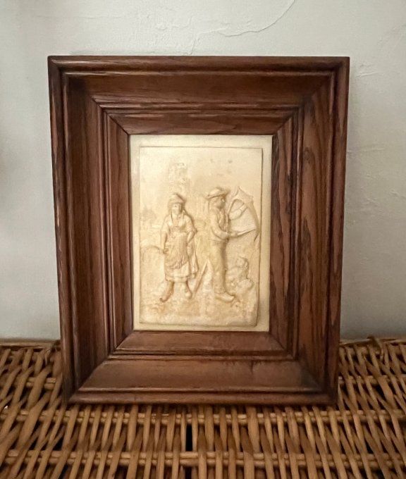 Tableau bas-relief vintage fontaine pétrifiante scène champêtre avec son cadre bois