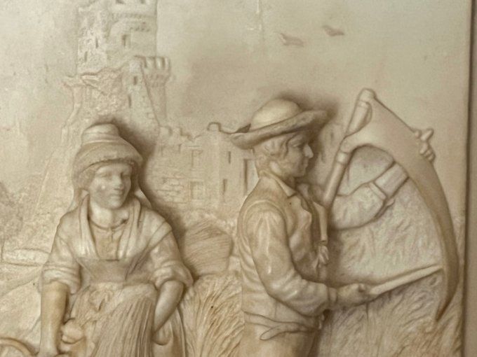 Tableau bas-relief vintage fontaine pétrifiante scène champêtre avec son cadre bois