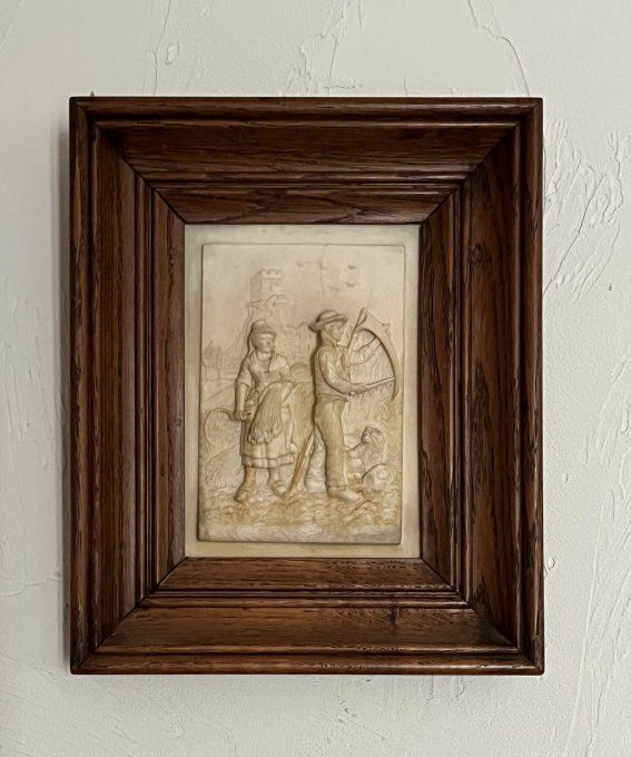 Tableau bas-relief vintage fontaine pétrifiante scène champêtre avec son cadre bois
