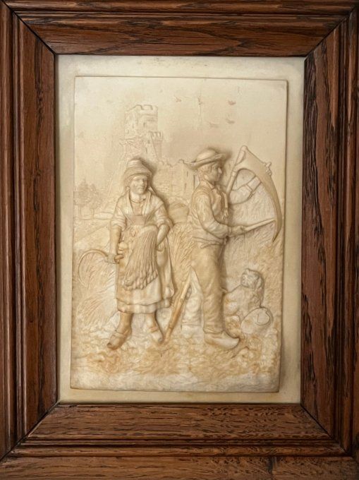 Tableau bas-relief vintage fontaine pétrifiante scène champêtre avec son cadre bois