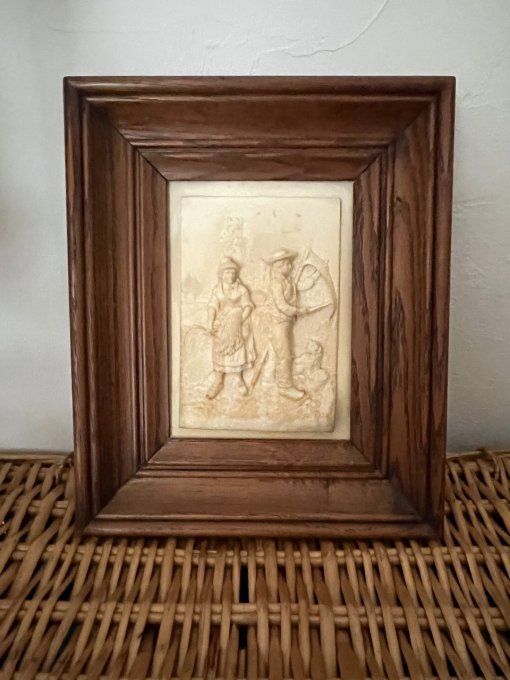 Tableau bas-relief vintage fontaine pétrifiante scène champêtre avec son cadre bois