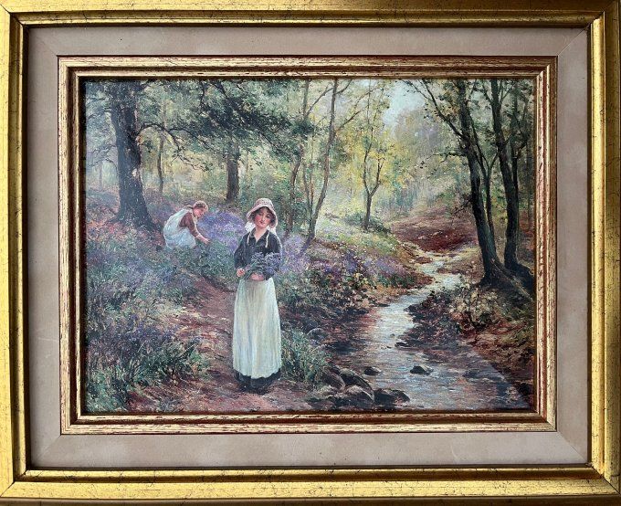 Tableau Émaux d'Art "The Bluebell Glade" la clairière des jacinthe, Superbe Cadre Doré