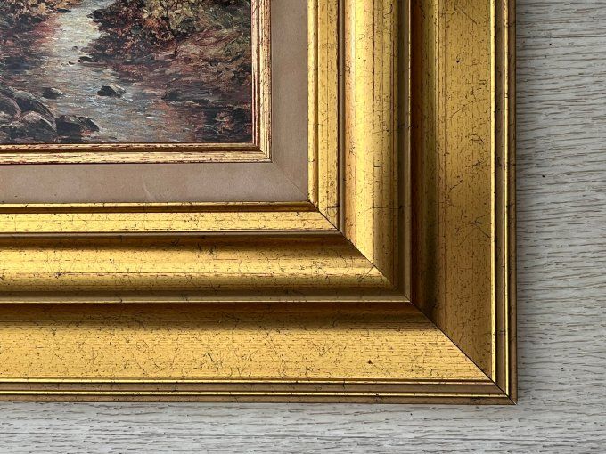 Tableau Émaux d'Art "The Bluebell Glade" la clairière des jacinthe, Superbe Cadre Doré