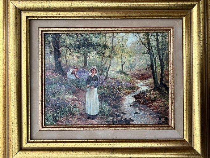 Tableau Émaux d'Art "The Bluebell Glade" la clairière des jacinthe, Superbe Cadre Doré