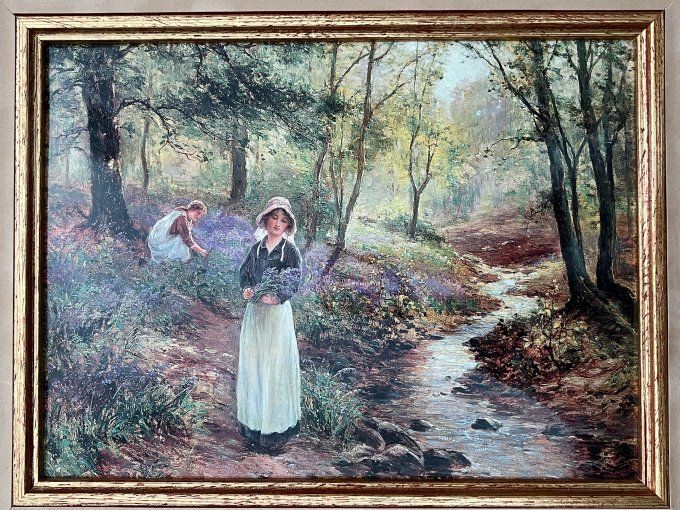 Tableau Émaux d'Art "The Bluebell Glade" la clairière des jacinthe, Superbe Cadre Doré