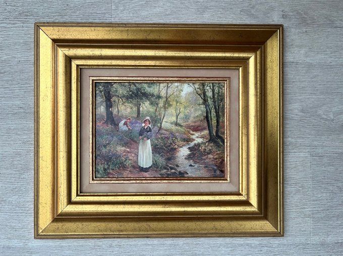 Tableau Émaux d'Art "The Bluebell Glade" la clairière des jacinthe, Superbe Cadre Doré