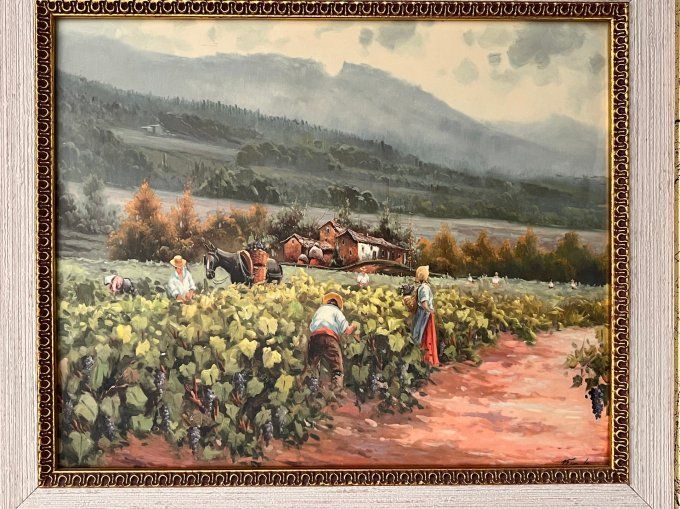 Tableau en Émaux d'Art "Les Vendanges" - Scène de Terroir Provençale - Cadre bois