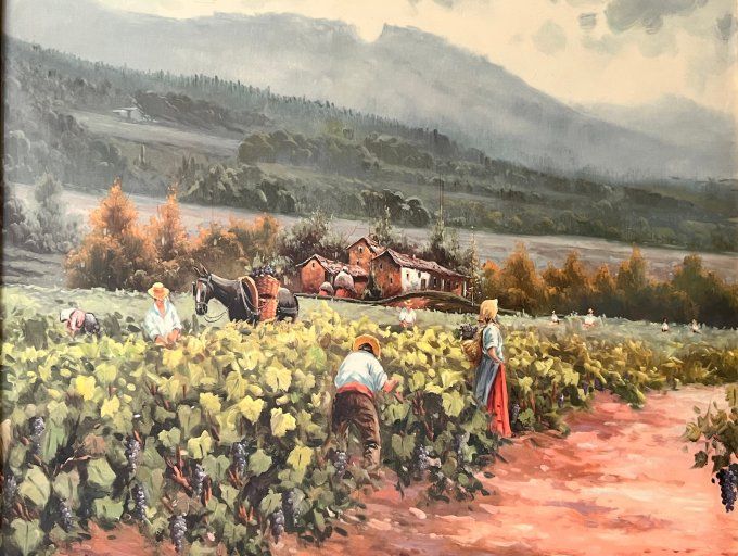 Tableau en Émaux d'Art "Les Vendanges" - Scène de Terroir Provençale - Cadre bois