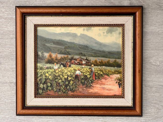 Tableau en Émaux d'Art "Les Vendanges" - Scène de Terroir Provençale - Cadre bois