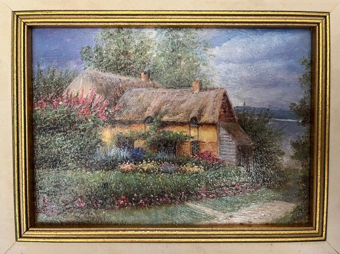 Tableau maison champêtre au toit de chaume – cadre bois doré – déco campagne chic