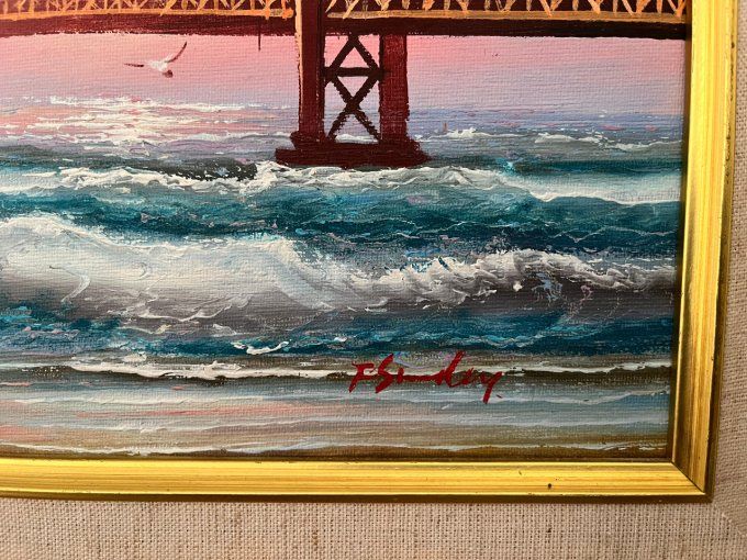 Tableau , peinture du pont du Golden Gate Bridge de San Francisco avec son cadre doré en bois
