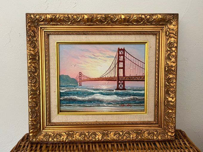 Tableau , peinture du pont du Golden Gate Bridge de San Francisco avec son cadre doré en bois