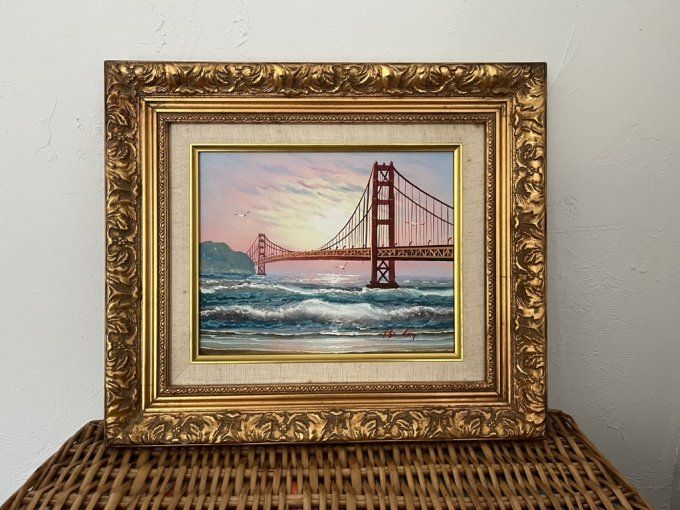 Tableau , peinture du pont du Golden Gate Bridge de San Francisco avec son cadre doré en bois