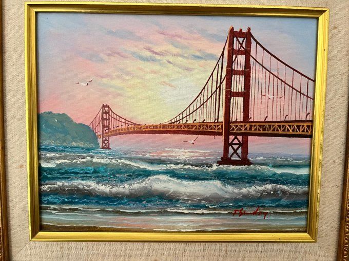 Tableau , peinture du pont du Golden Gate Bridge de San Francisco avec son cadre doré en bois